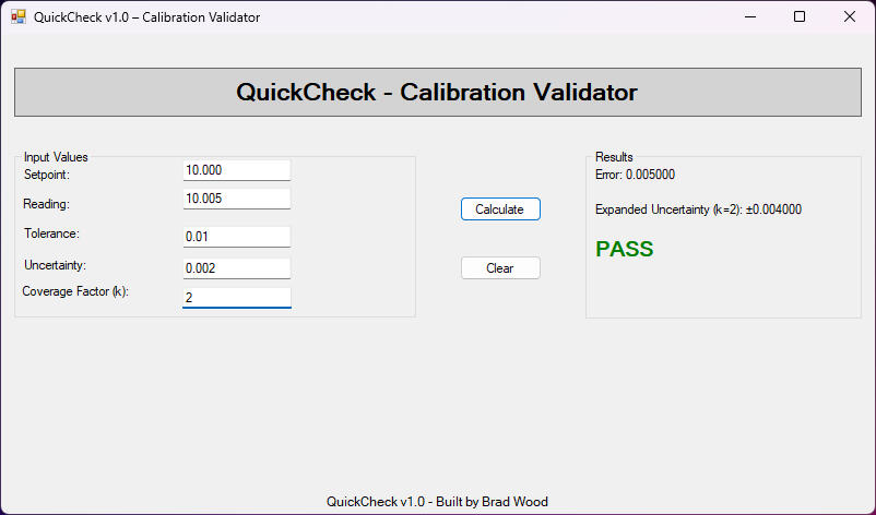 Checking a calibration point with QuickCheck